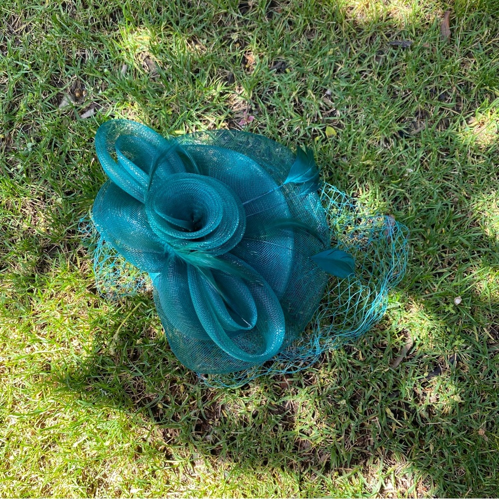 Teal turquoise derby hat hair clip head piece net mesh feather Kentucky Derby